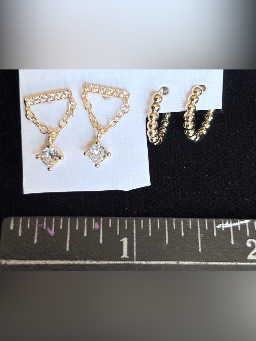 New Gold CZ Dangle Chain Triangle Earrings & 1/2” Hoops - sold as a set